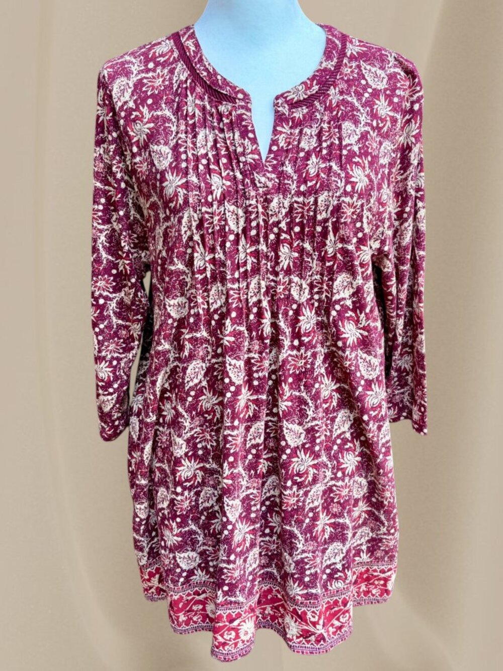 Lucky Brand 1X Botanical Floral Print Top Burgundy Ivory Pintuck Split Neck